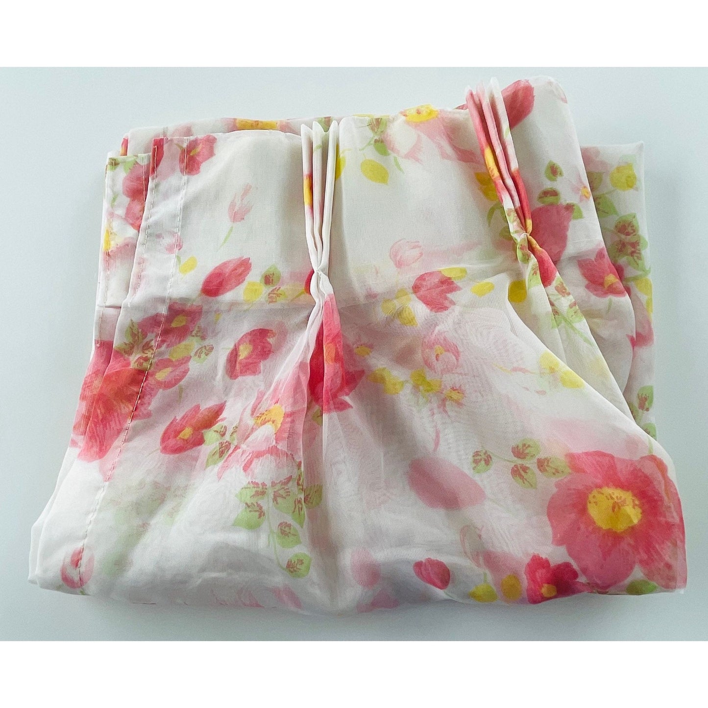 Vintage 70s pleated curtain, sheer pink floral panel
