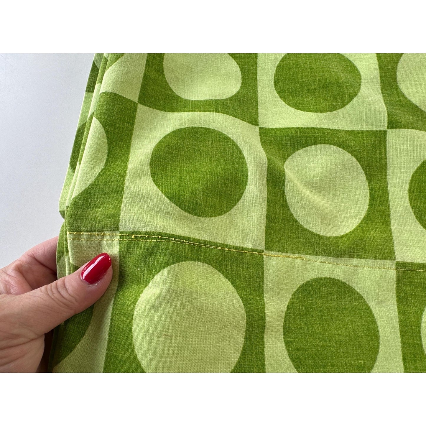 Vintage 70s flat / top sheet, avocado green geometric, twin size, Dominion Textile Truprest