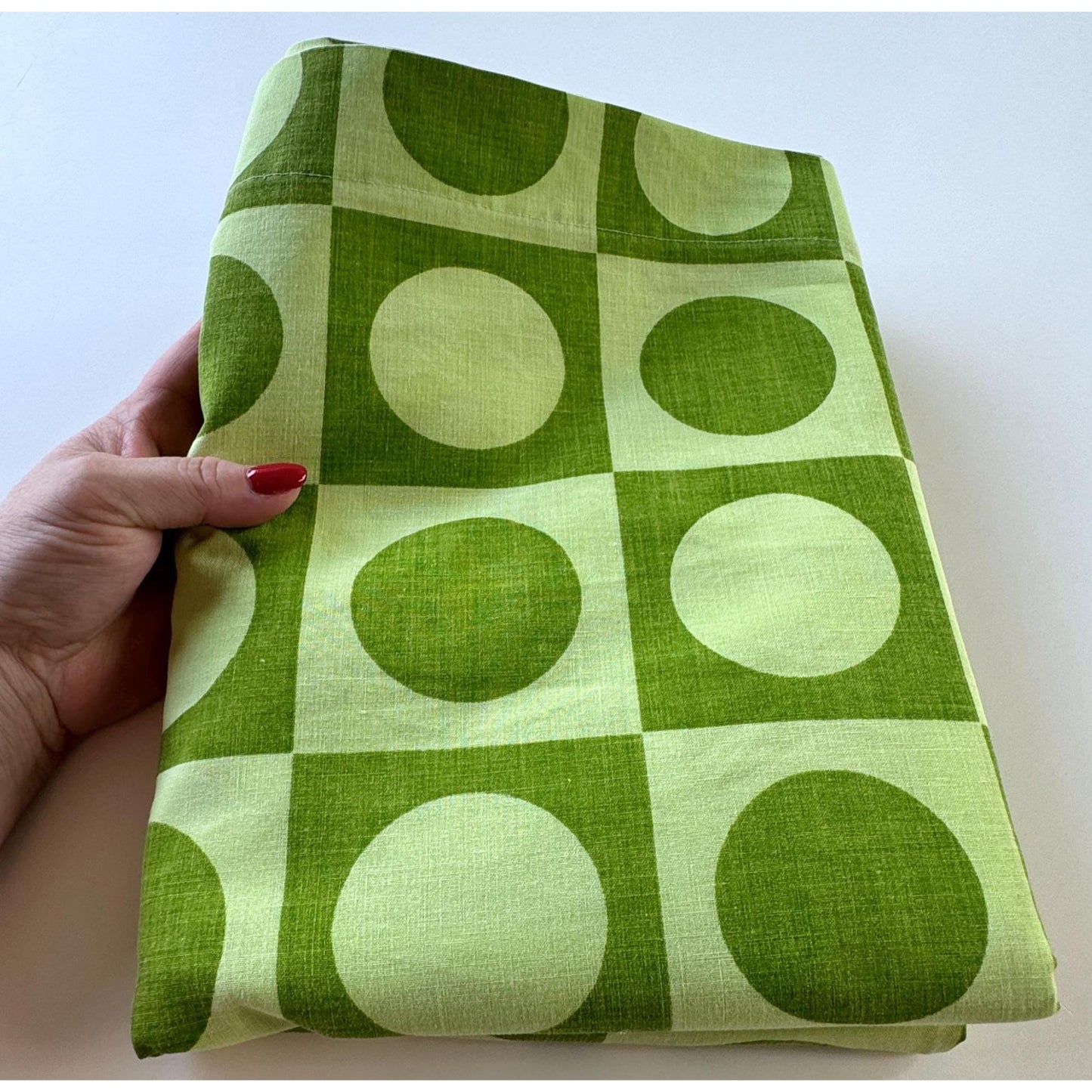 Vintage 70s flat / top sheet, avocado green geometric, twin size, Dominion Textile Truprest