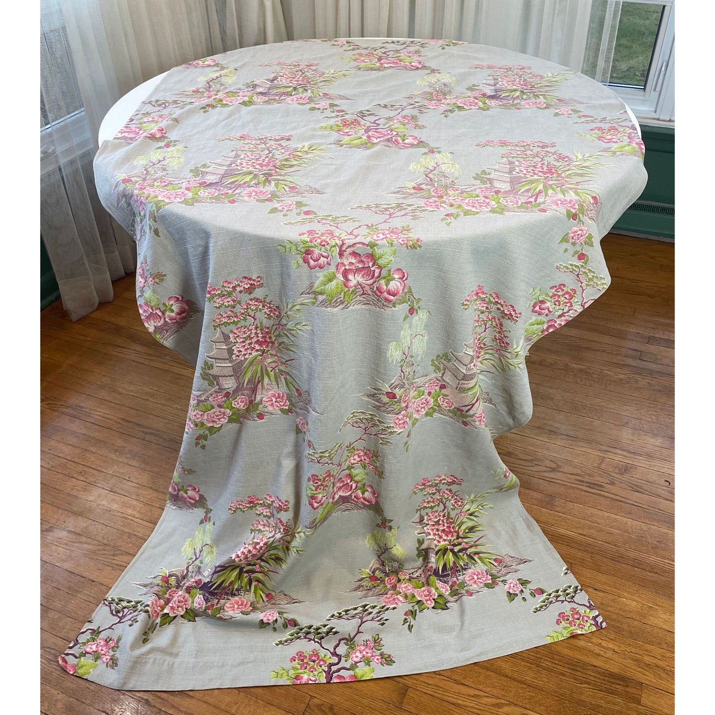 Vintage MCM barkcloth curtain, Asian inspired pink blossom trees