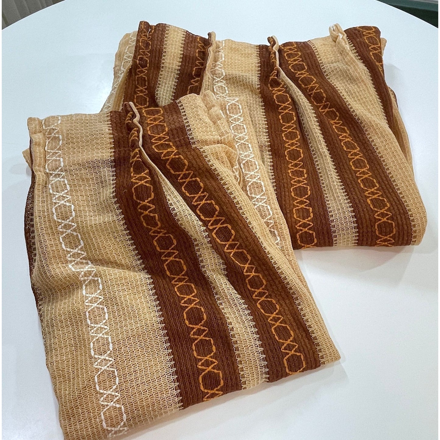 Vintage 70s net woven pleated curtains, brown stripes
