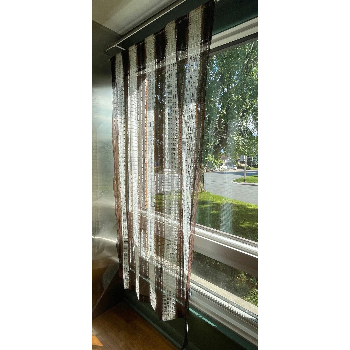 Vintage 70s curtain, brown white stripes, mesh panel
