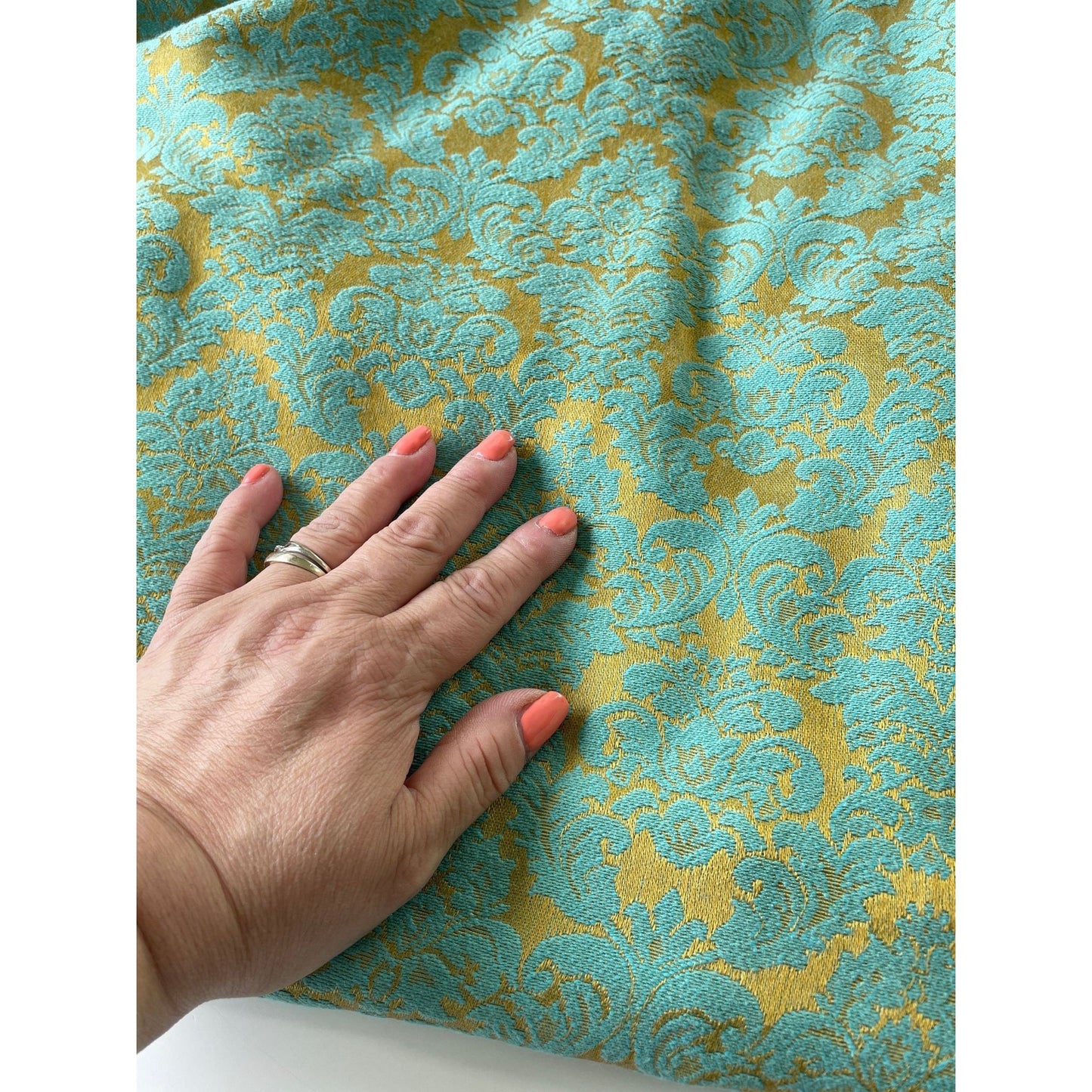 Vintage 60s pleated curtain, teal gold damask