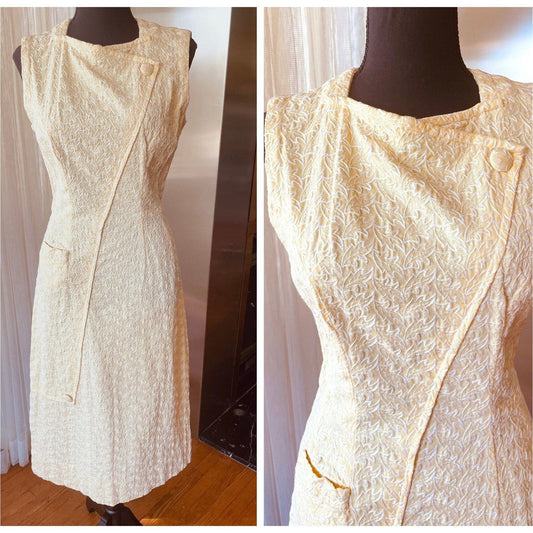 Vintage 40s dress, buttery yellow, fitted sleeveless