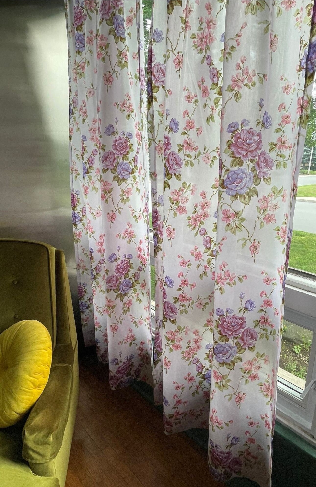 Vintage 60s pleated curtains, purple floral
