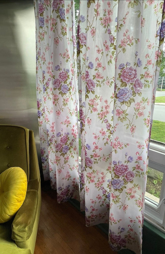 Vintage 60s pleated curtains, purple floral