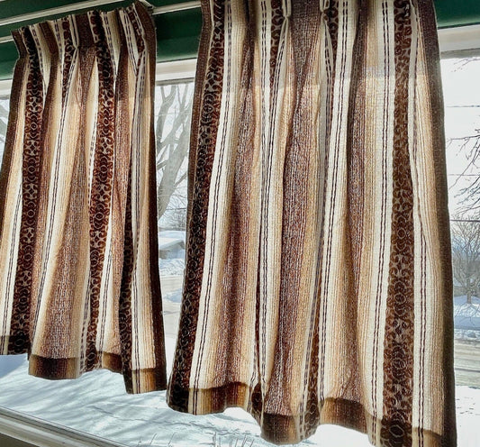 Vintage 80s pleated curtains, pair of brown woven panels