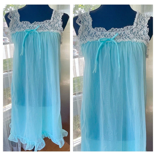 Vintage 1960s night dress, blue sleeveless negligee