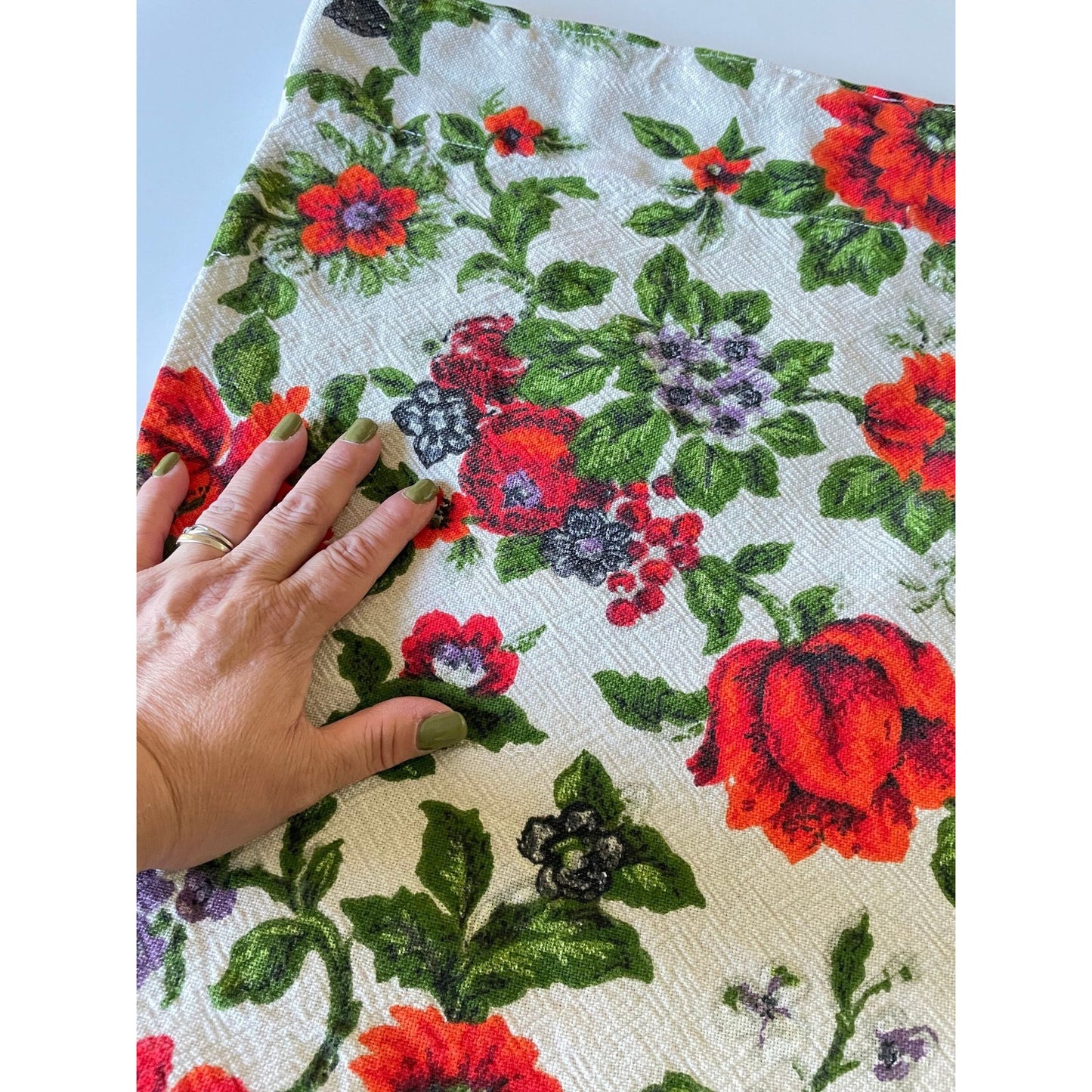Vintage 60s barkcloth red floral curtain, single panel