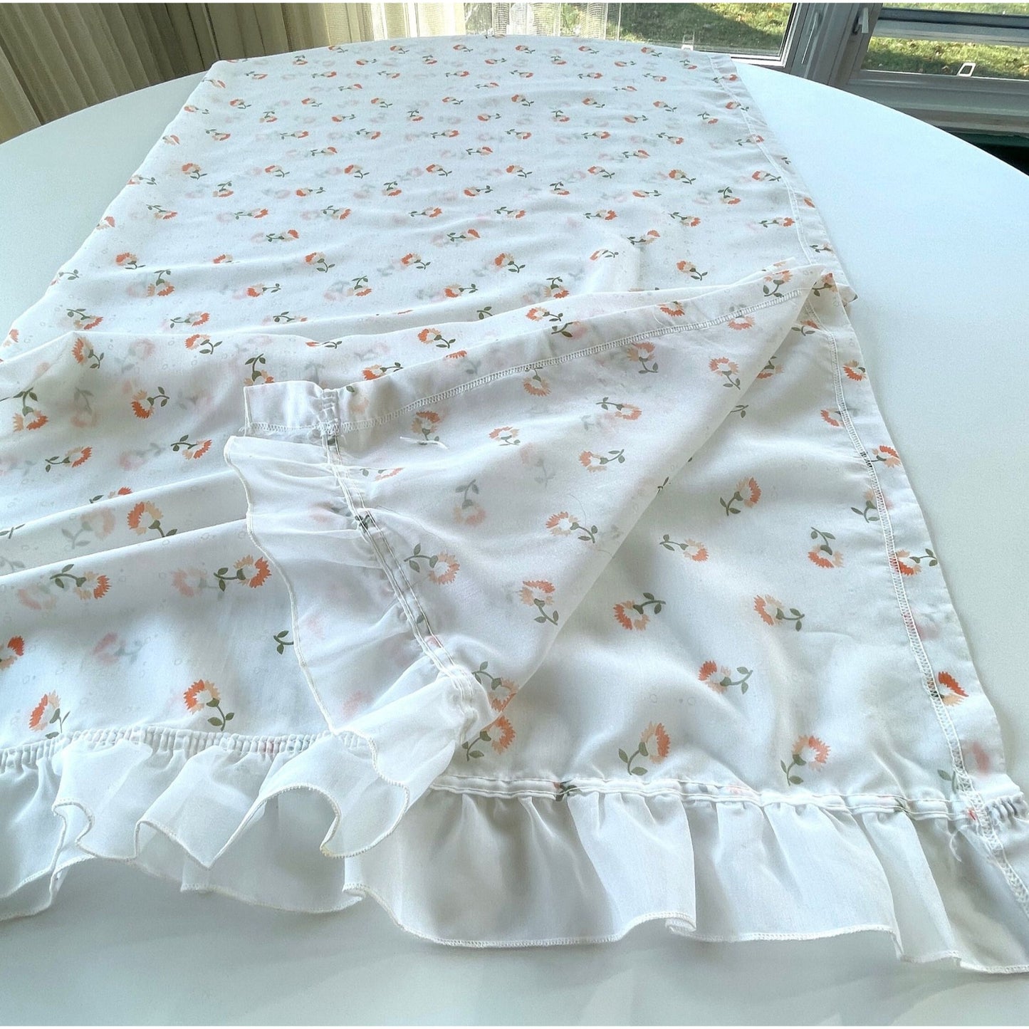 Vintage 80s curtain, sheer green yellow floral, single panel