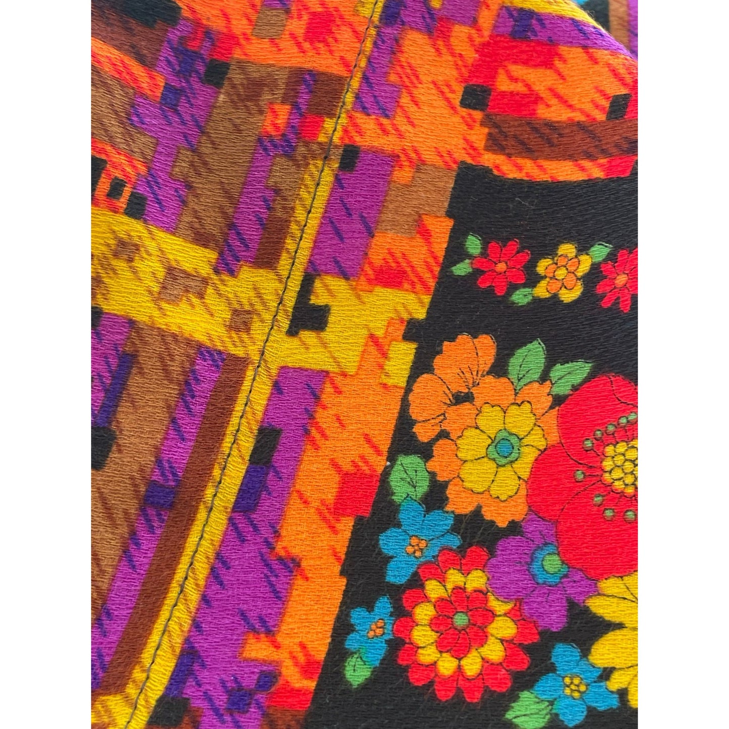 Vintage 70s floral curtain panel, orange, hot pink, green, blue