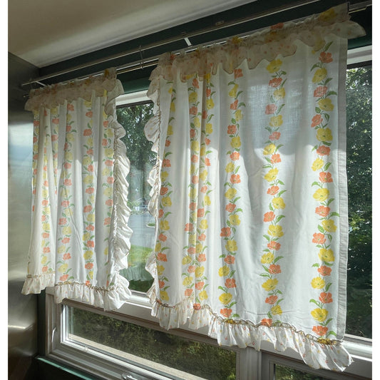 Vintage 80s curtain, orange yellow floral, pair of ruffled panels