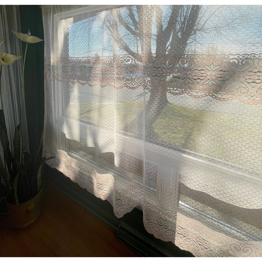 Vintage curtain, pink machine made lace sheer panel