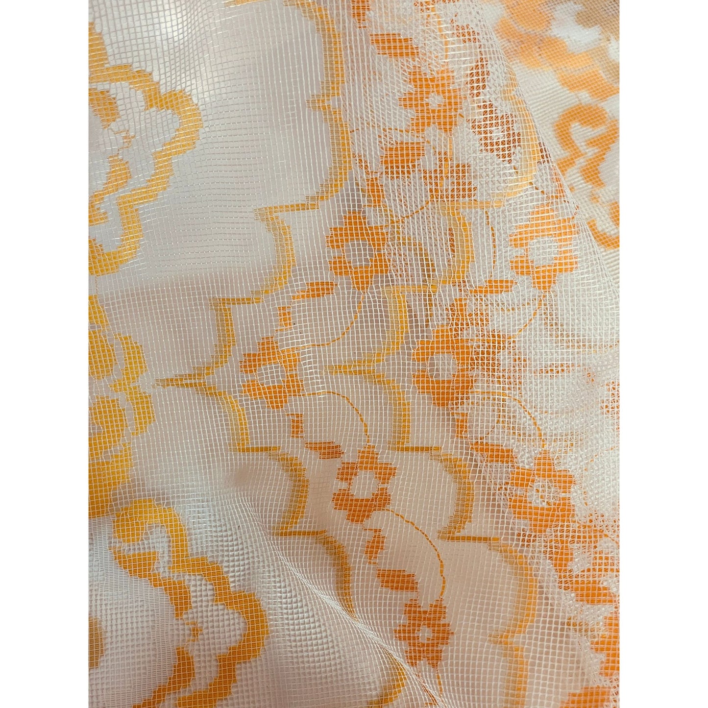 Vintage 70s mesh curtains, orange white groovy pattern, pair