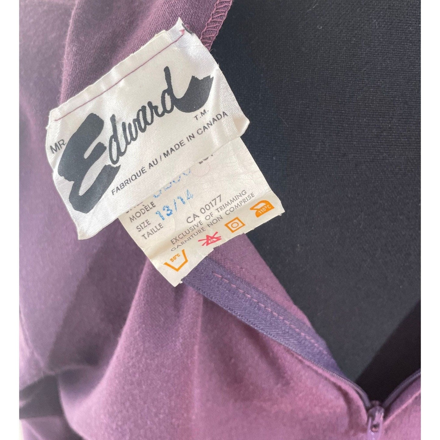 Vintage 80s dress, purple and grey, long sleeves, Mr Edwards