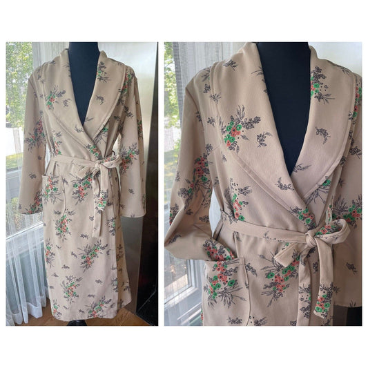 Vintage 70s house dress, light taupe with orange and green floral