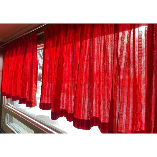 Vintage 70s pleated curtains, pair of red woven panels