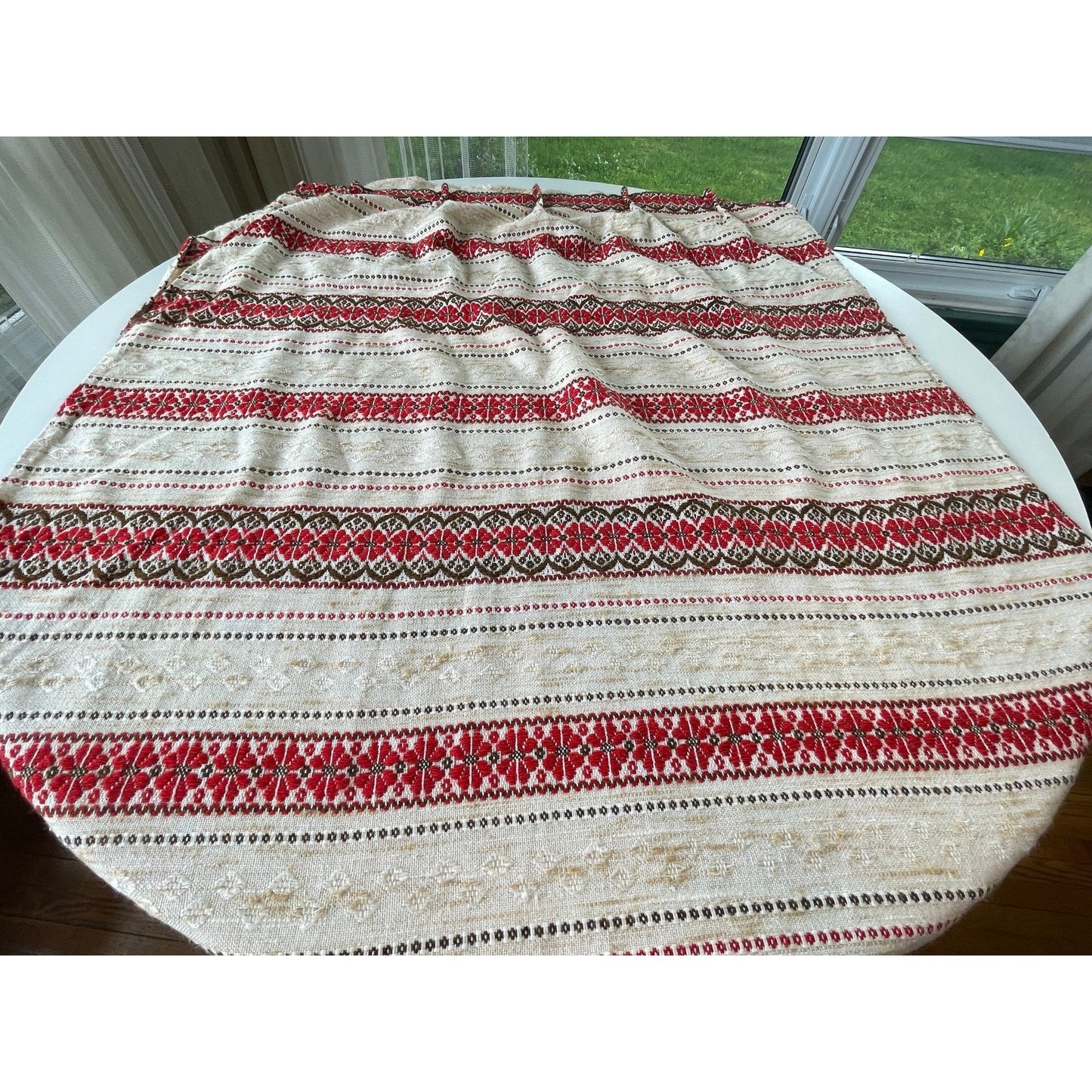Vintage 70s pleated curtain panel, single panel, red brown stripes
