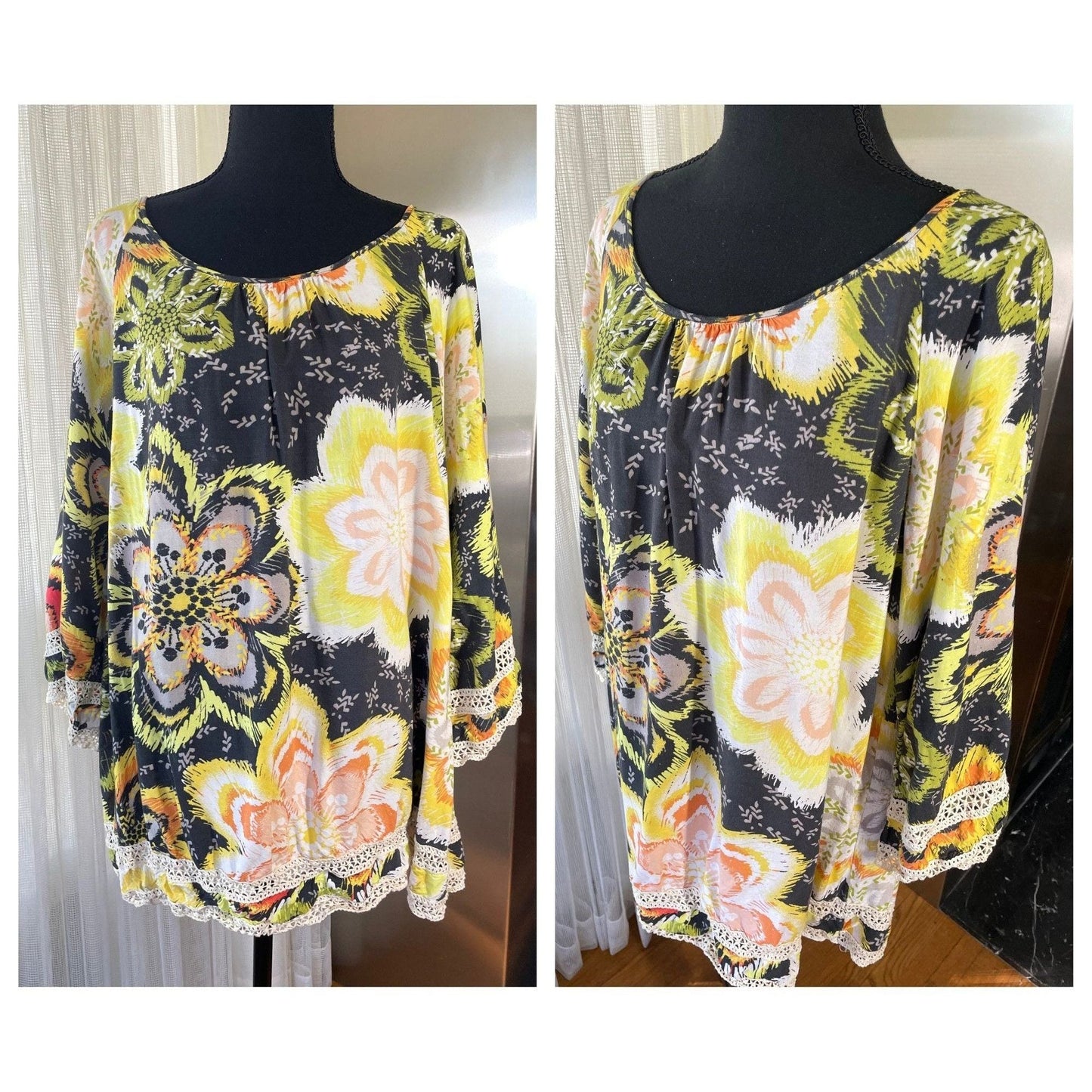 Vintage 80s oversized blouse, black, yellow orange flowers, bell sleeves