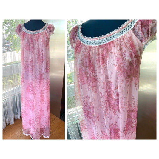 vintage 70s nightgown, pink floral double layers