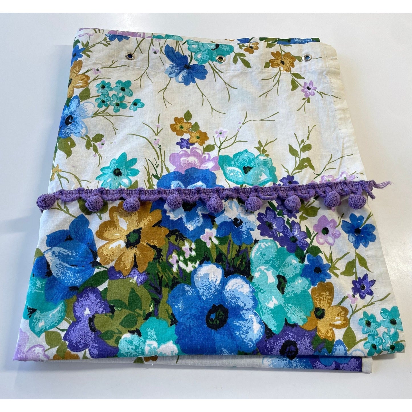 Vintage 70s purple and blue shower curtain, with valance and pom poms