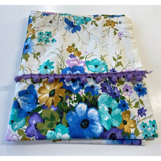 Vintage 70s purple and blue shower curtain, with valance and pom poms