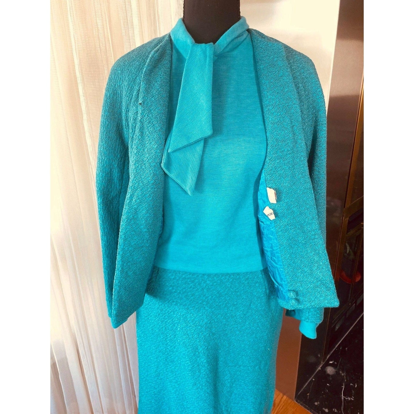 Vintage 1960s 3 pieces suit, 100% wool, teal jacket, top and straight skirt, AlJean