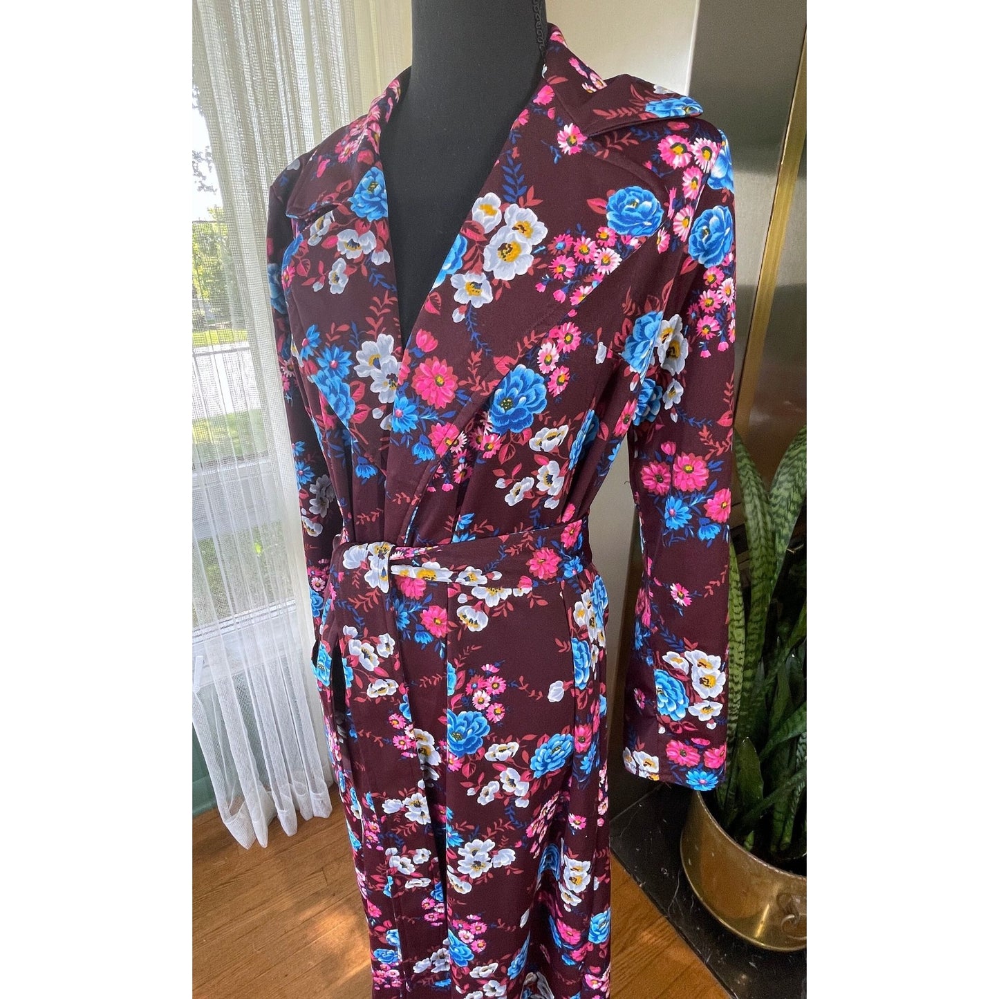 Vintage 70s house dress, burgundy red, blue and pink large flowers