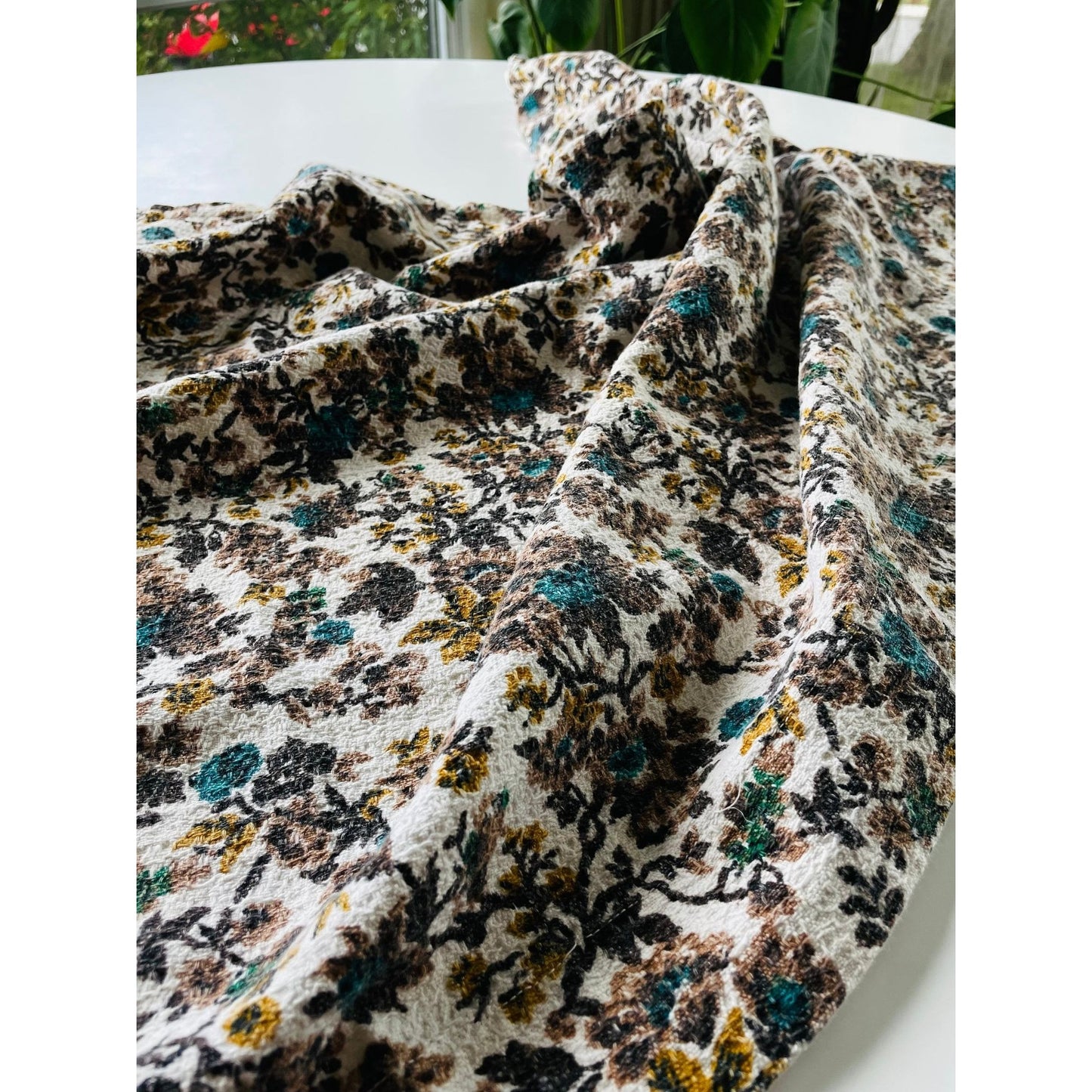 Vintage 60s brown blue floral barkcloth curtain single panel