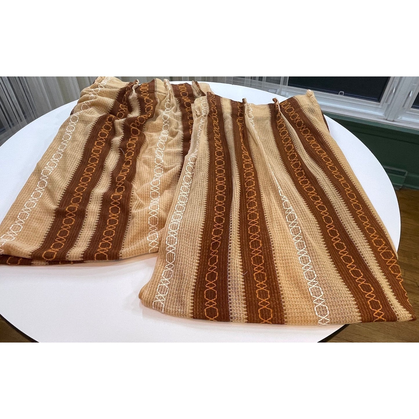 Vintage 70s net woven pleated curtains, brown stripes