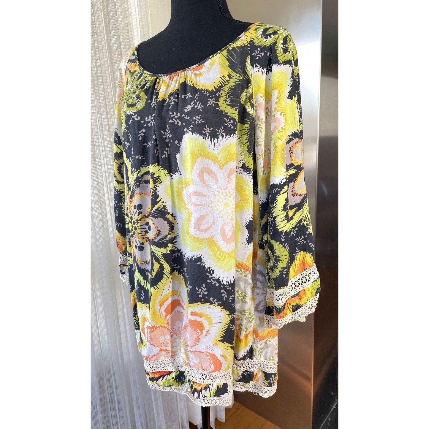 Vintage 80s oversized blouse, black, yellow orange flowers, bell sleeves
