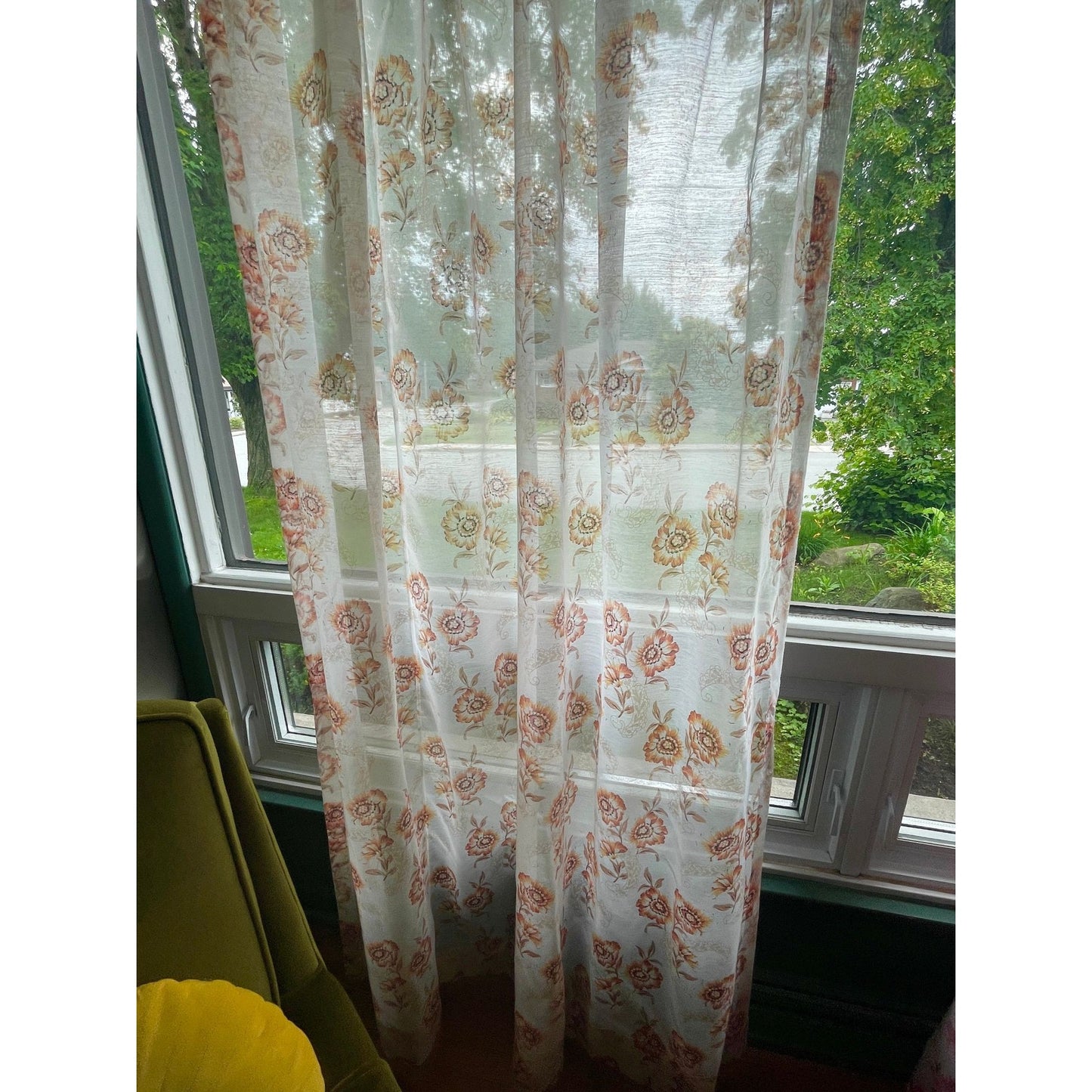Vintage 60s sheer orange floral pleated curtain