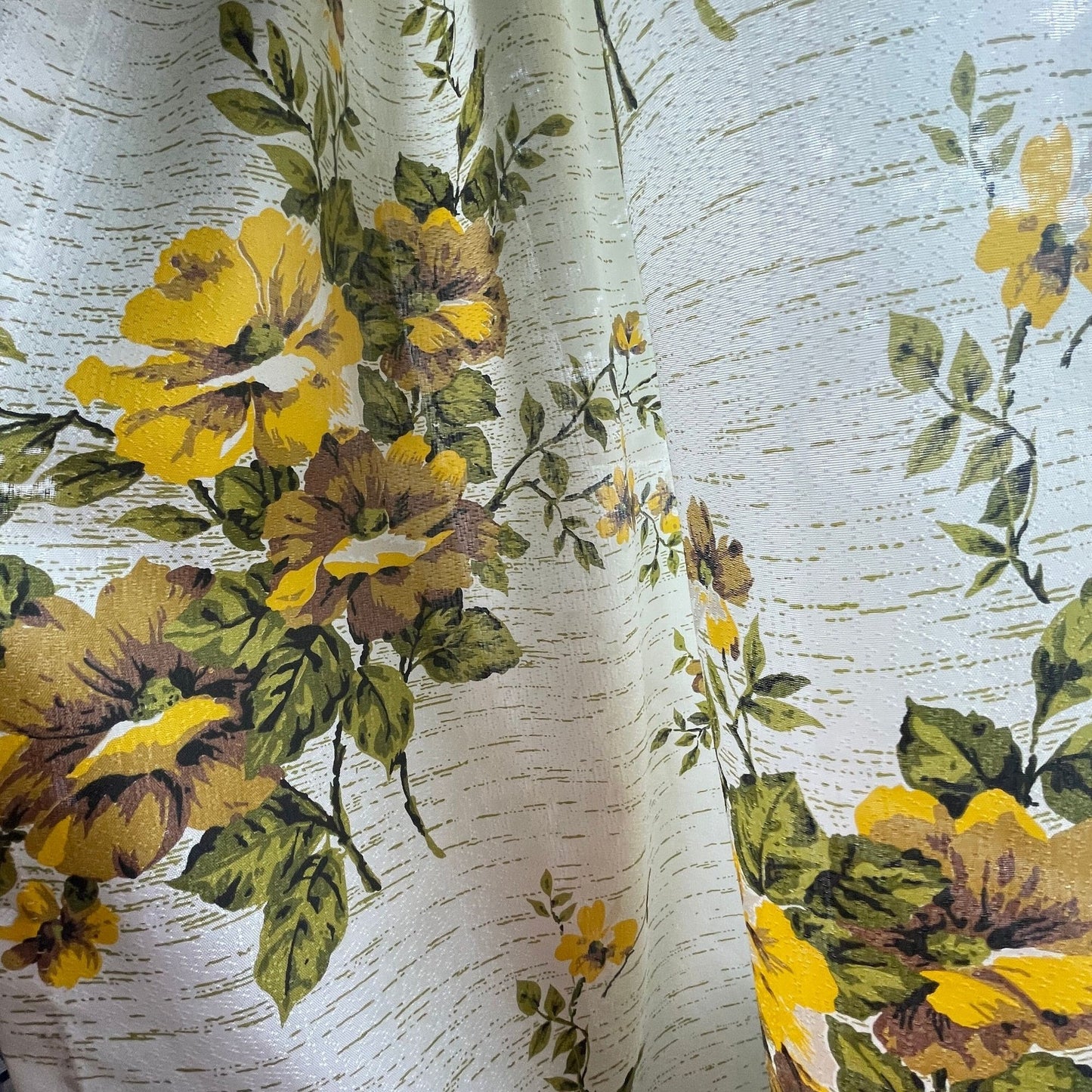 Vintage 60s pleated curtains, yellow bold floral fiberglass panels