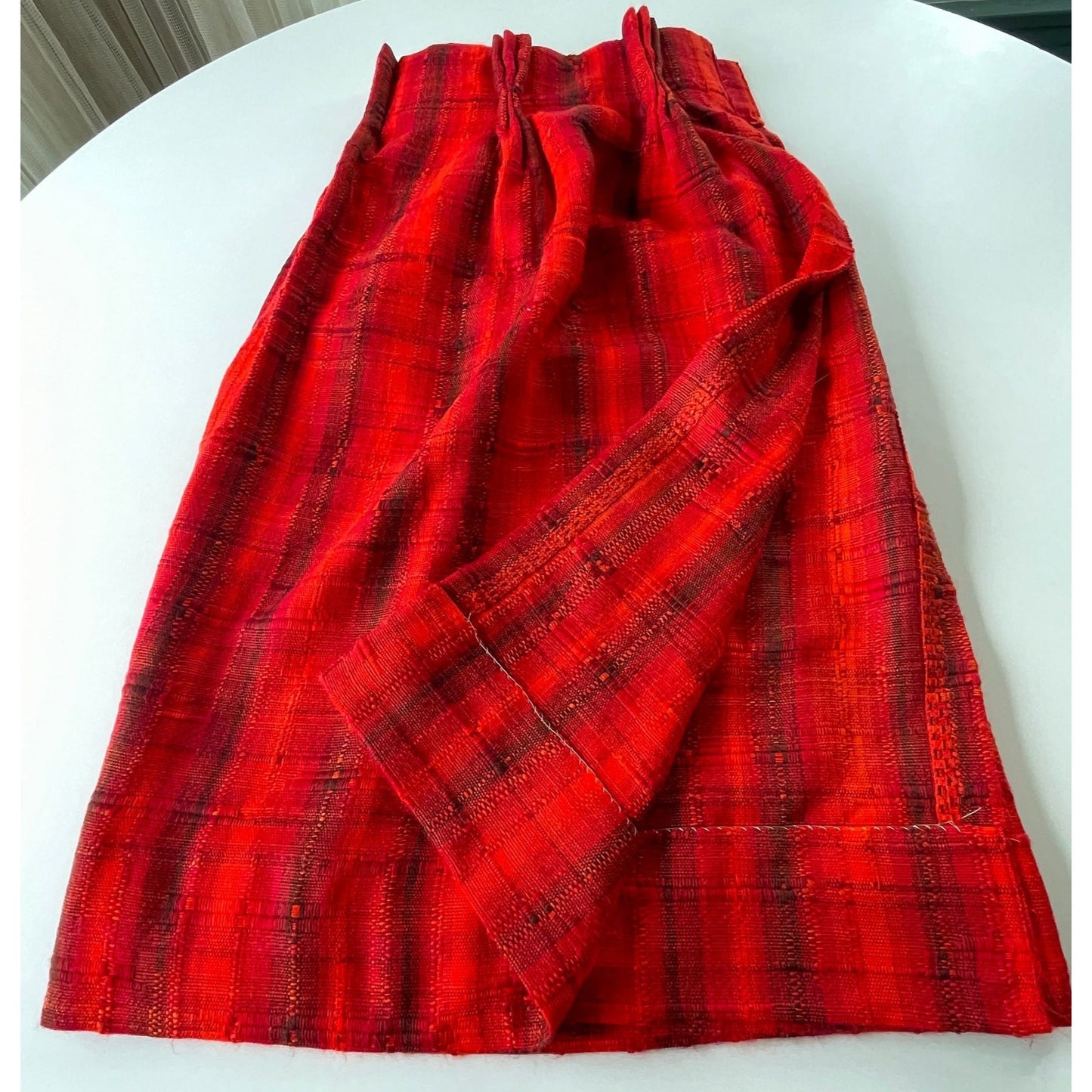 Vintage 70s pleated curtain, red stripes, woven panel