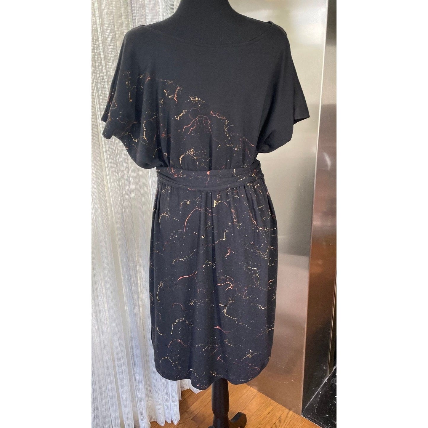 Vintage 80s dress, black with splatter print dress, batwing