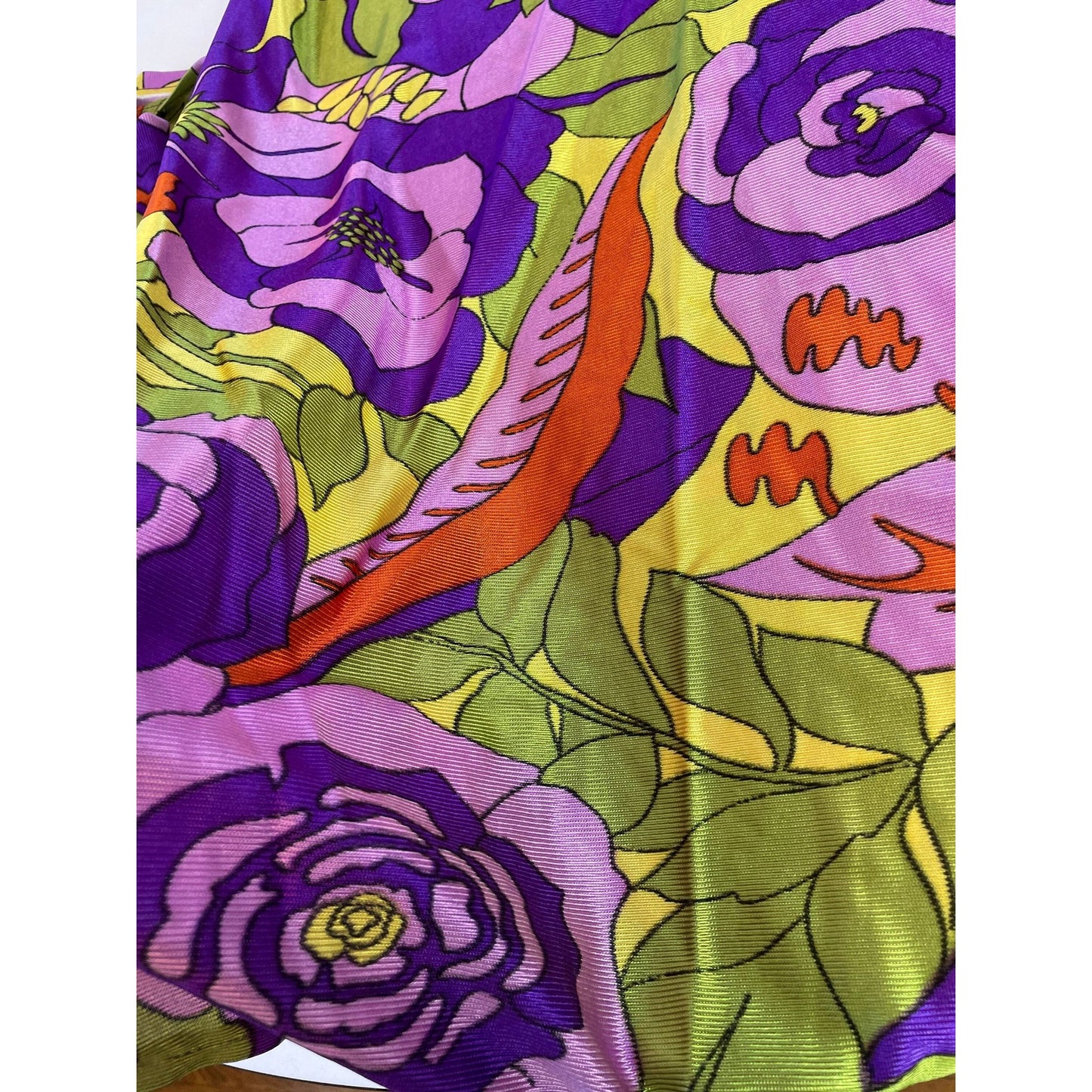 Vintage 70s pleated curtains, green purple abstract pattern