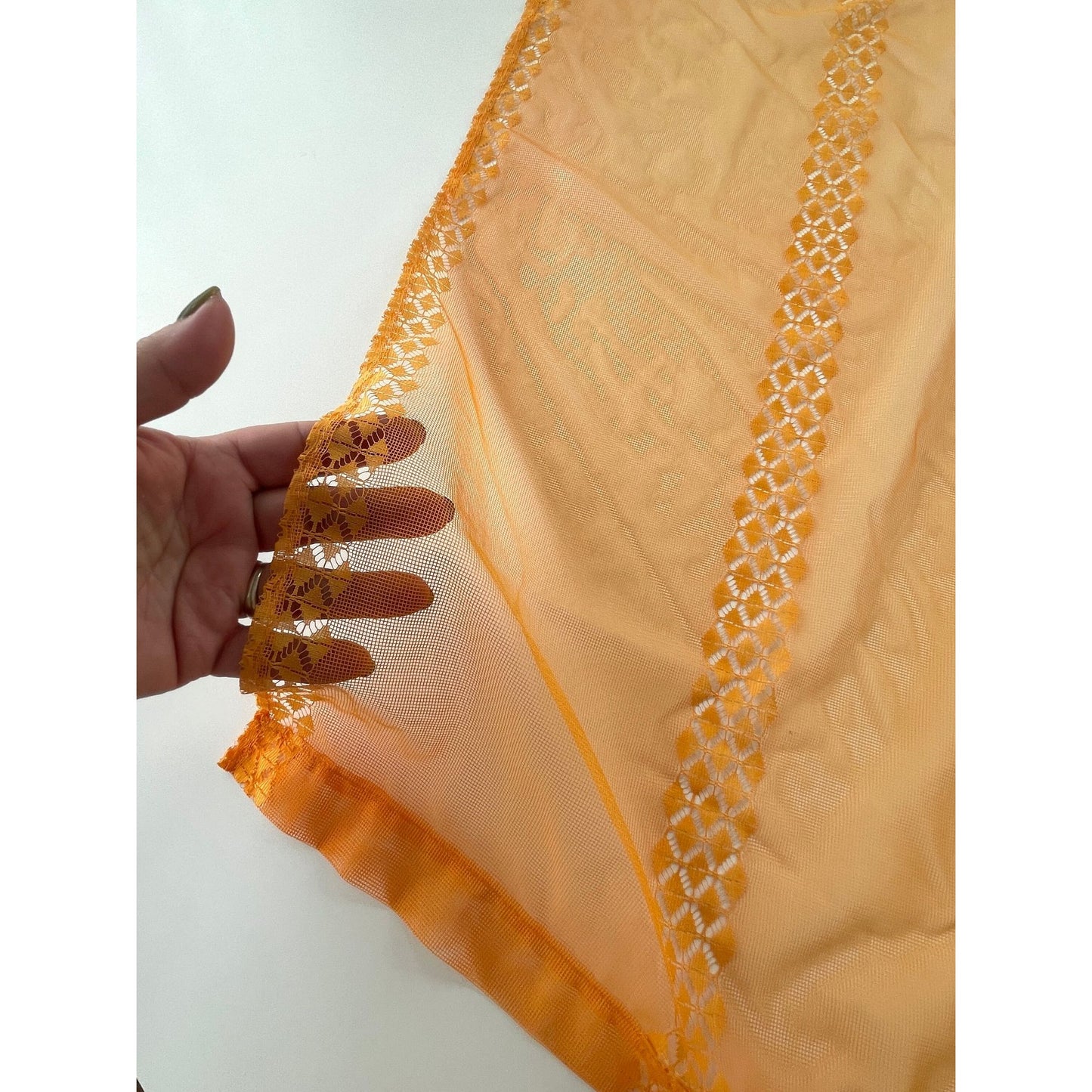 Vintage 70s curtains, pair orange mesh panels