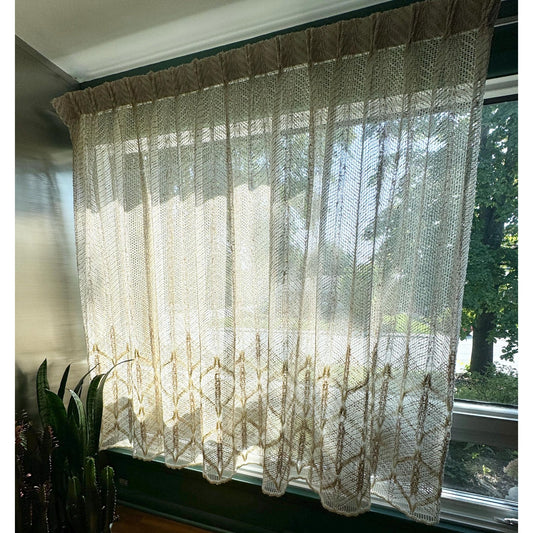 Vintage 70s pleated curtain, beige brown leaves pattern, mesh panel