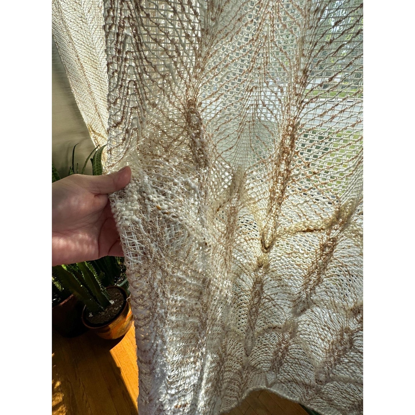 Vintage 70s pleated curtain, beige brown leaves pattern, mesh panel