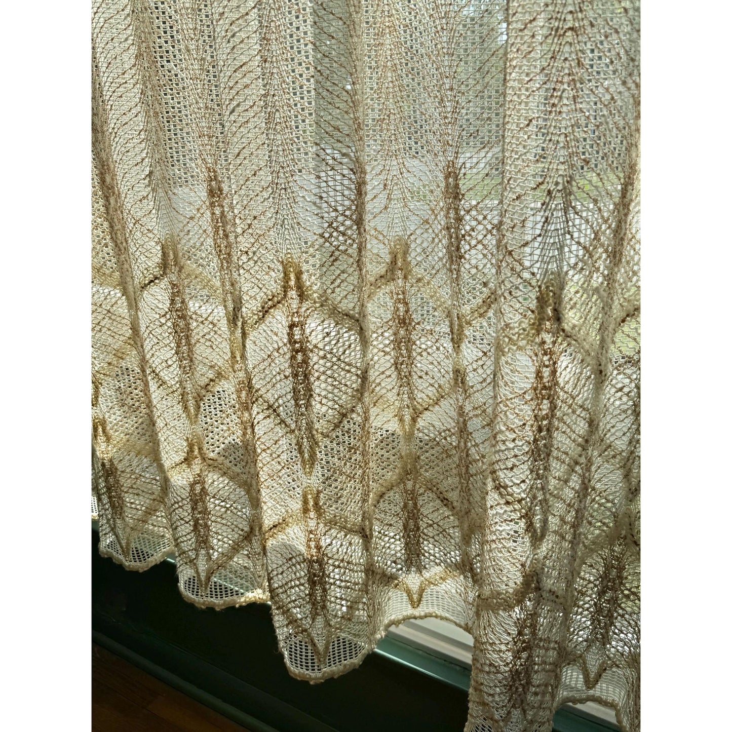 Vintage 70s pleated curtain, beige brown leaves pattern, mesh panel