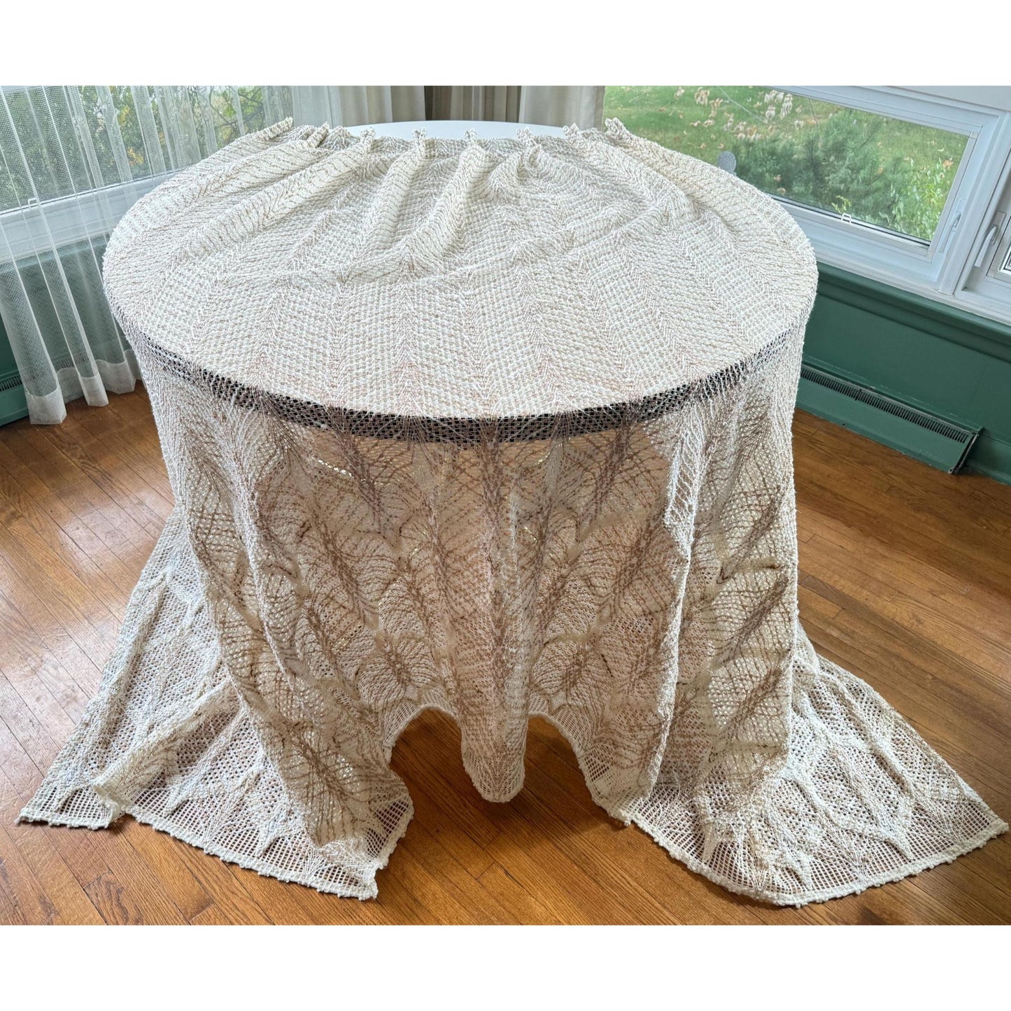 Vintage 70s pleated curtain, beige brown leaves pattern, mesh panel