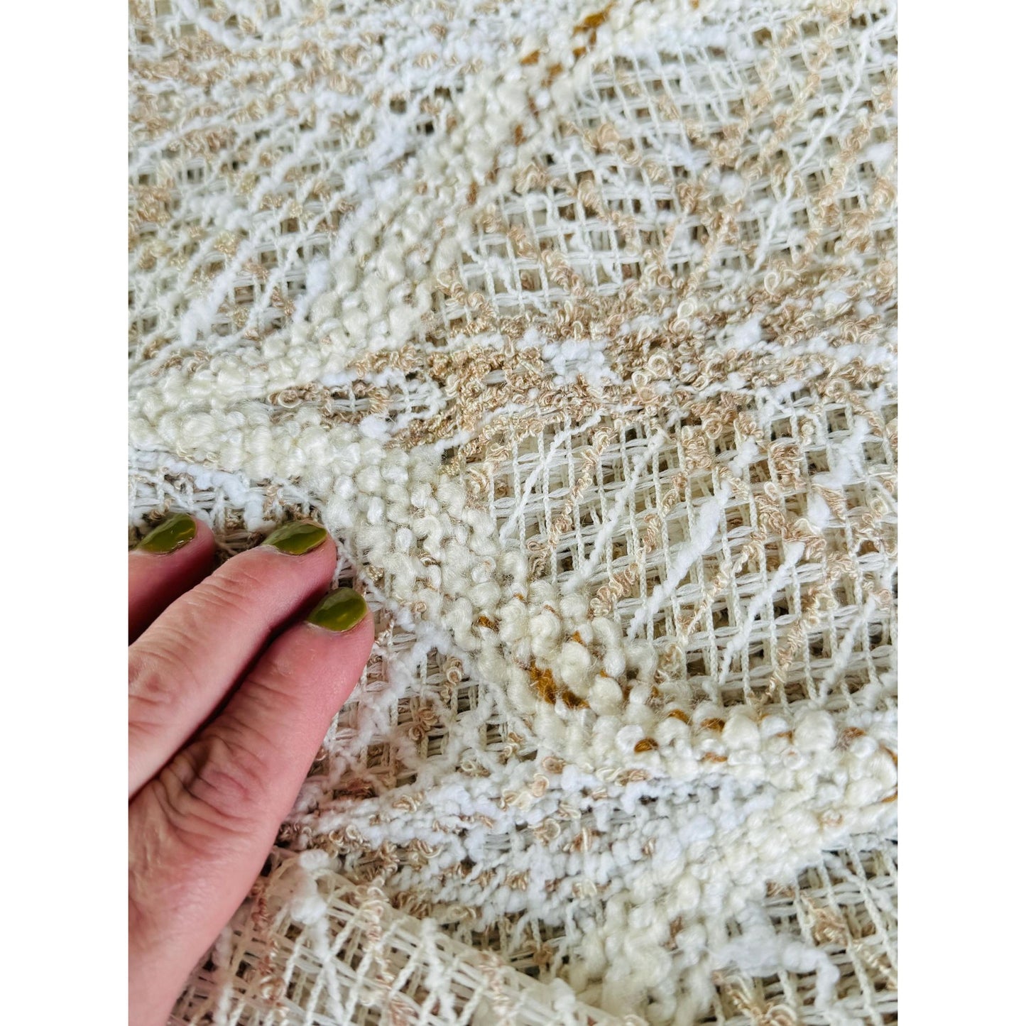 Vintage 70s pleated curtain, beige brown leaves pattern, mesh panel
