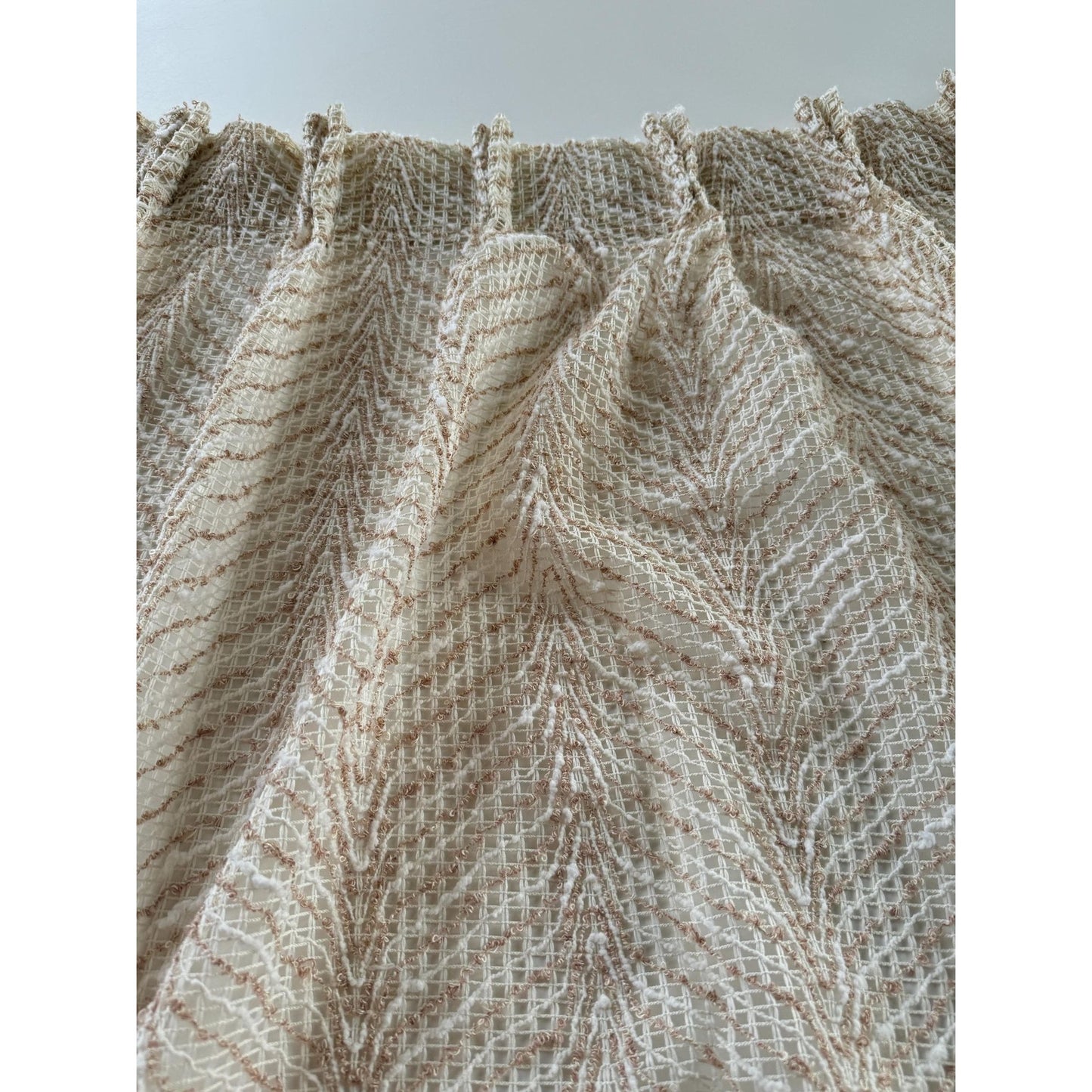 Vintage 70s pleated curtain, beige brown leaves pattern, mesh panel