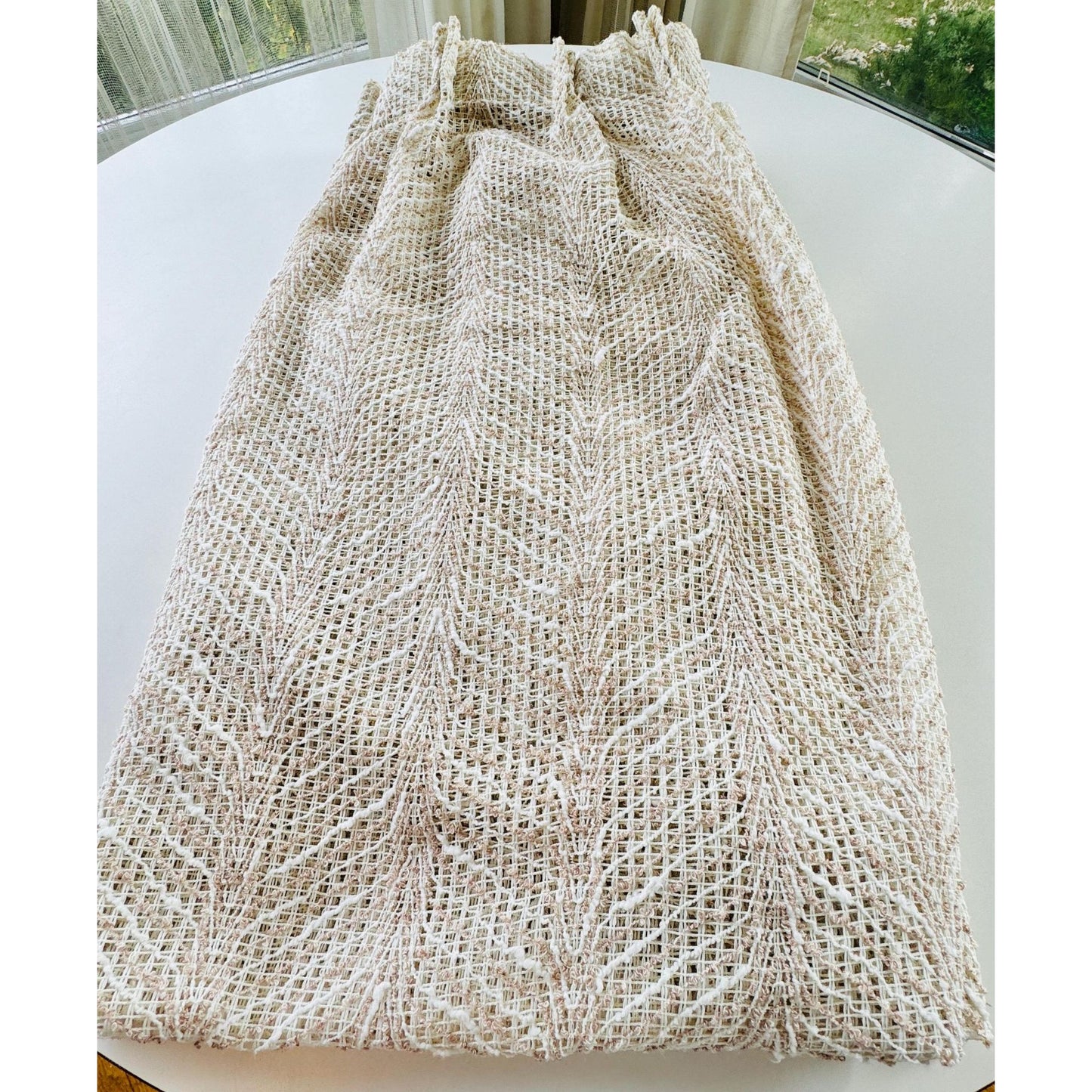 Vintage 70s pleated curtain, beige brown leaves pattern, mesh panel
