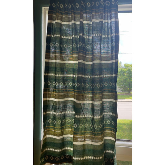 Vintage 70s pleated curtain, green geometric stripes