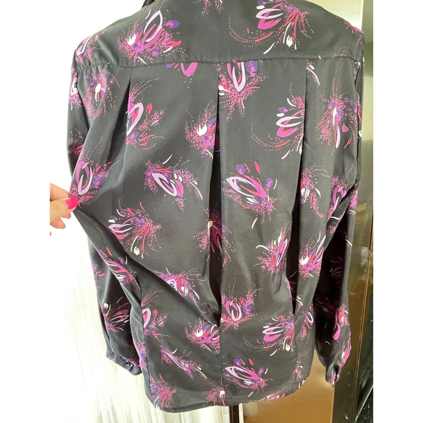 Vintage 80s satin blouse, black and hot pink, long sleeves