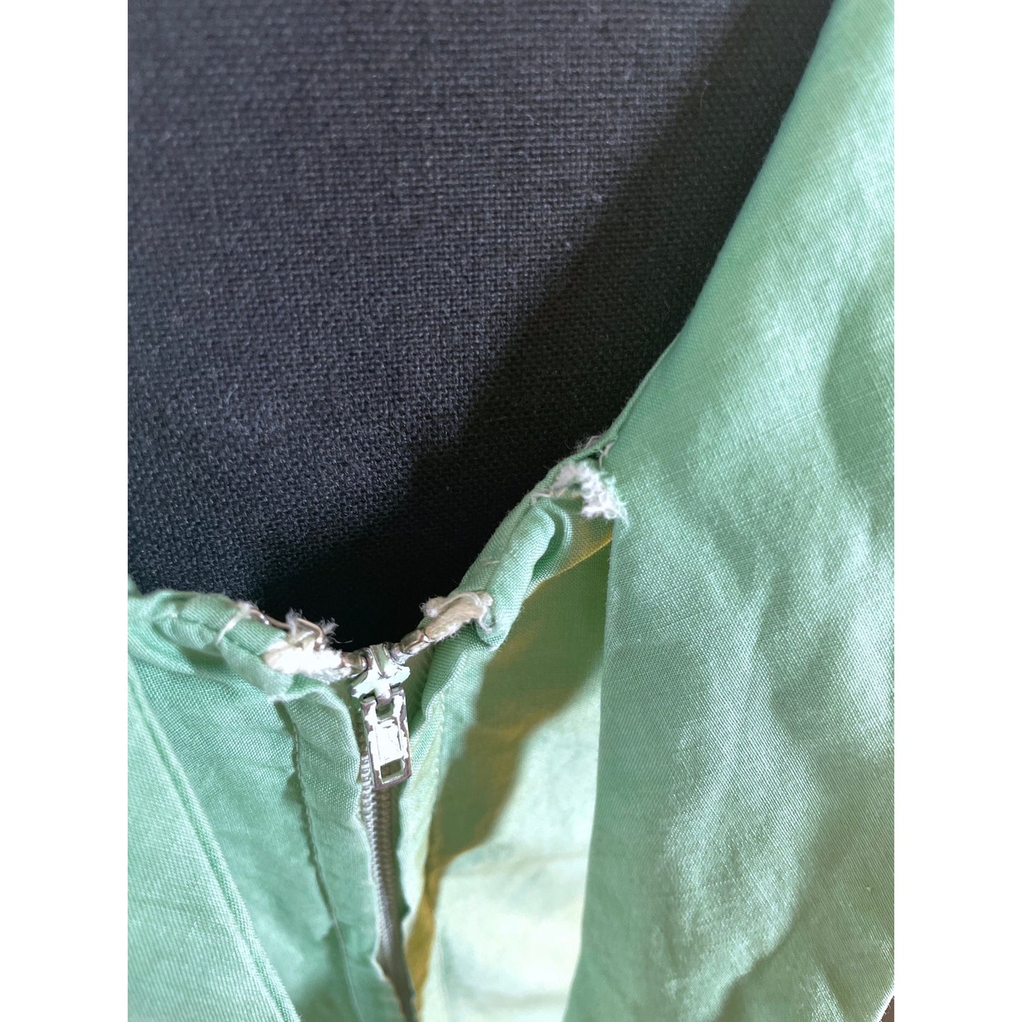Vintage 50s swing dress, mint green, boat collar, detailed embroidery