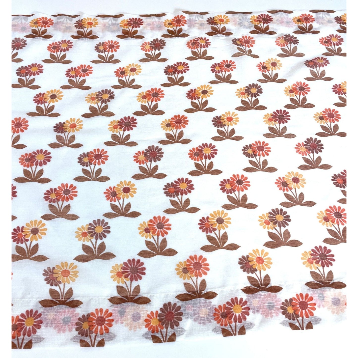 Vintage 70s curtain, brown orange floral, sheer panel