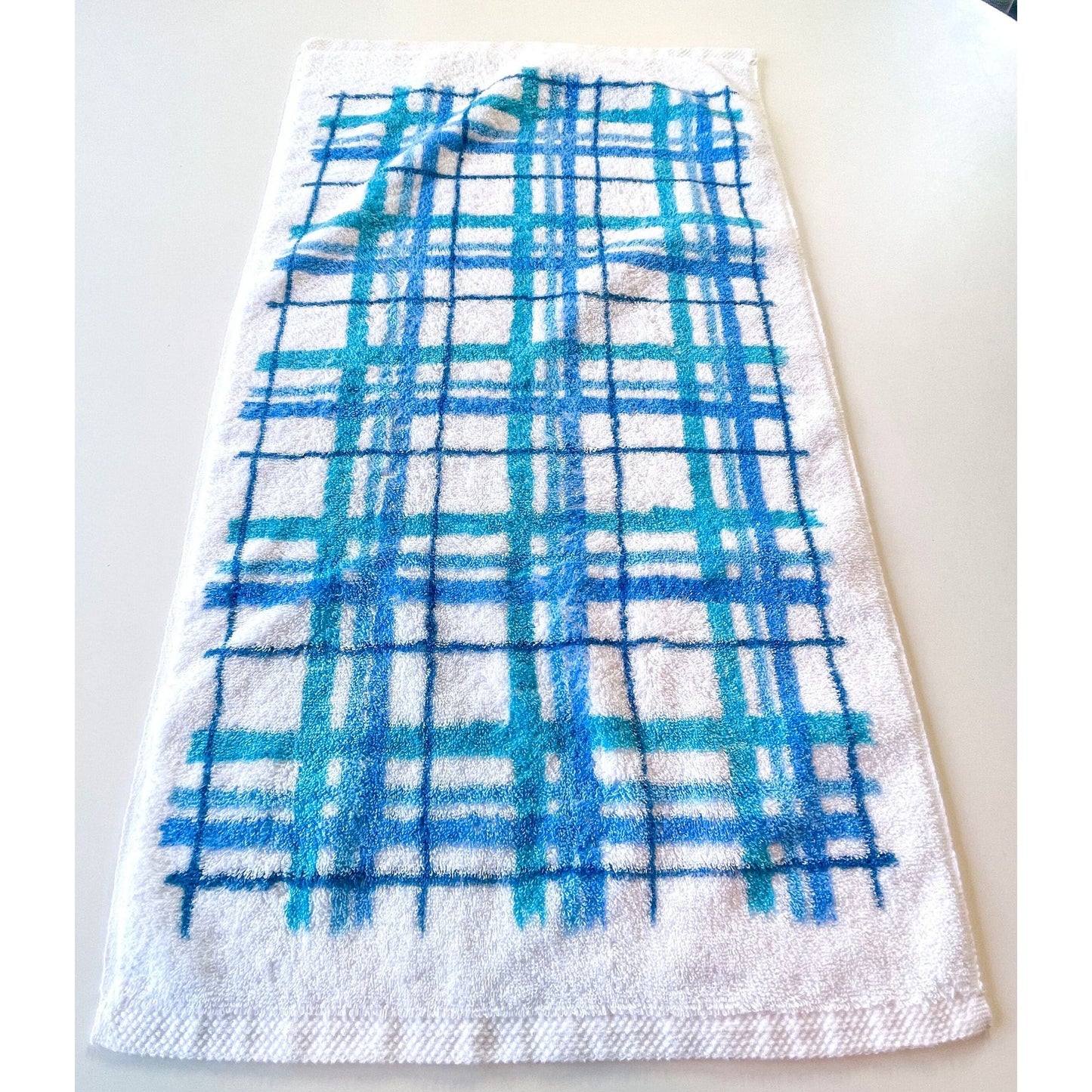 Vintage 80s hand towel, blue plaid pattern, Springmaid