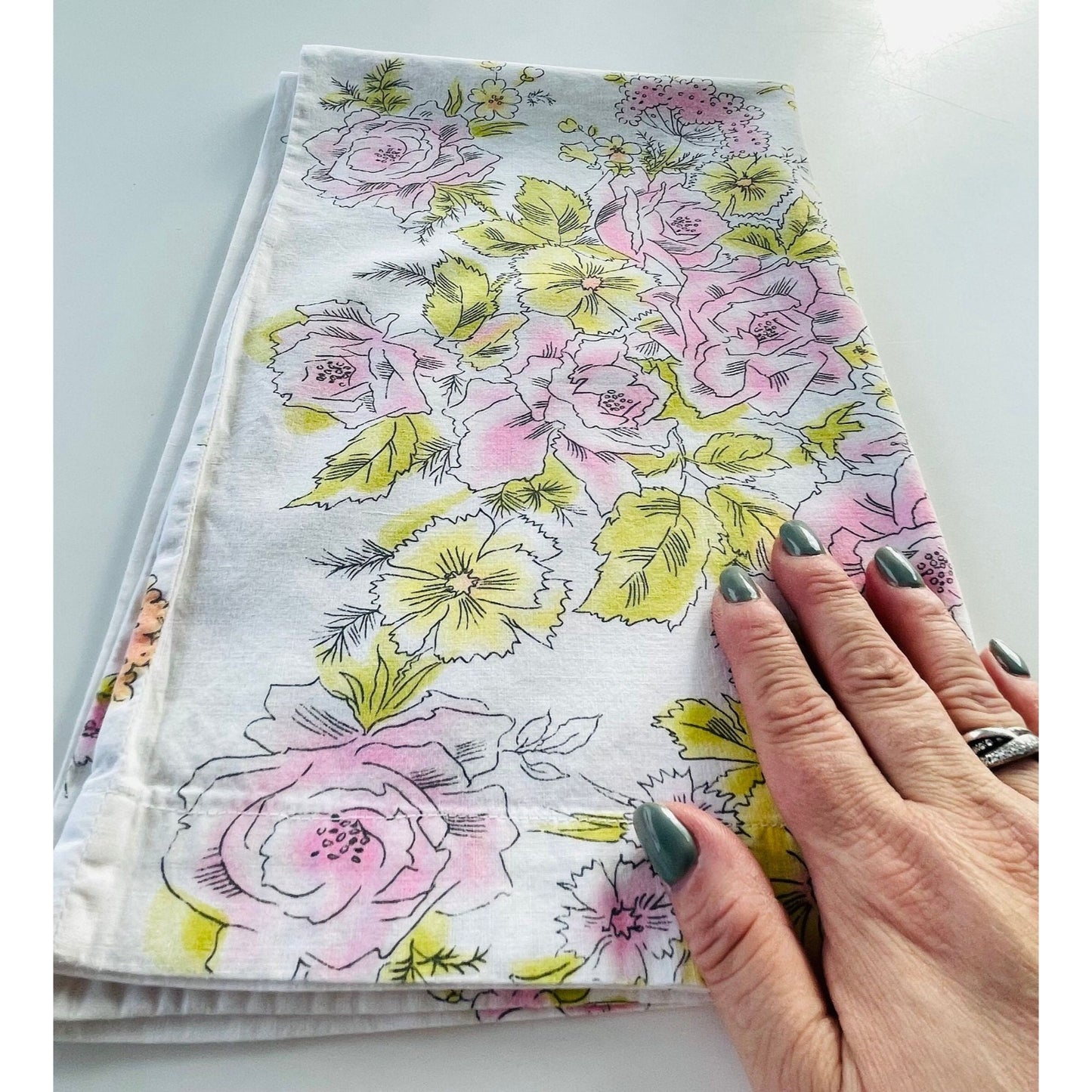 Vintage 70s pillowcase, pink and yellow flowers